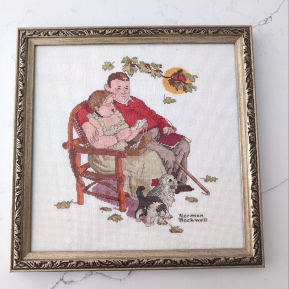 Vintage 1985 Norman Rockwell "Seasons of Love" Finished Framed Cross Stitch